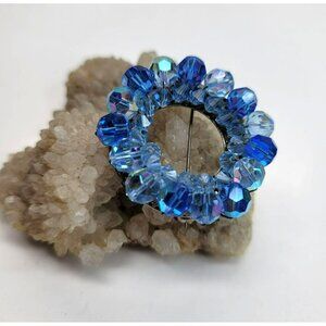 Vintage Blue Crystal Beaded Circle Brooch Pin LI112